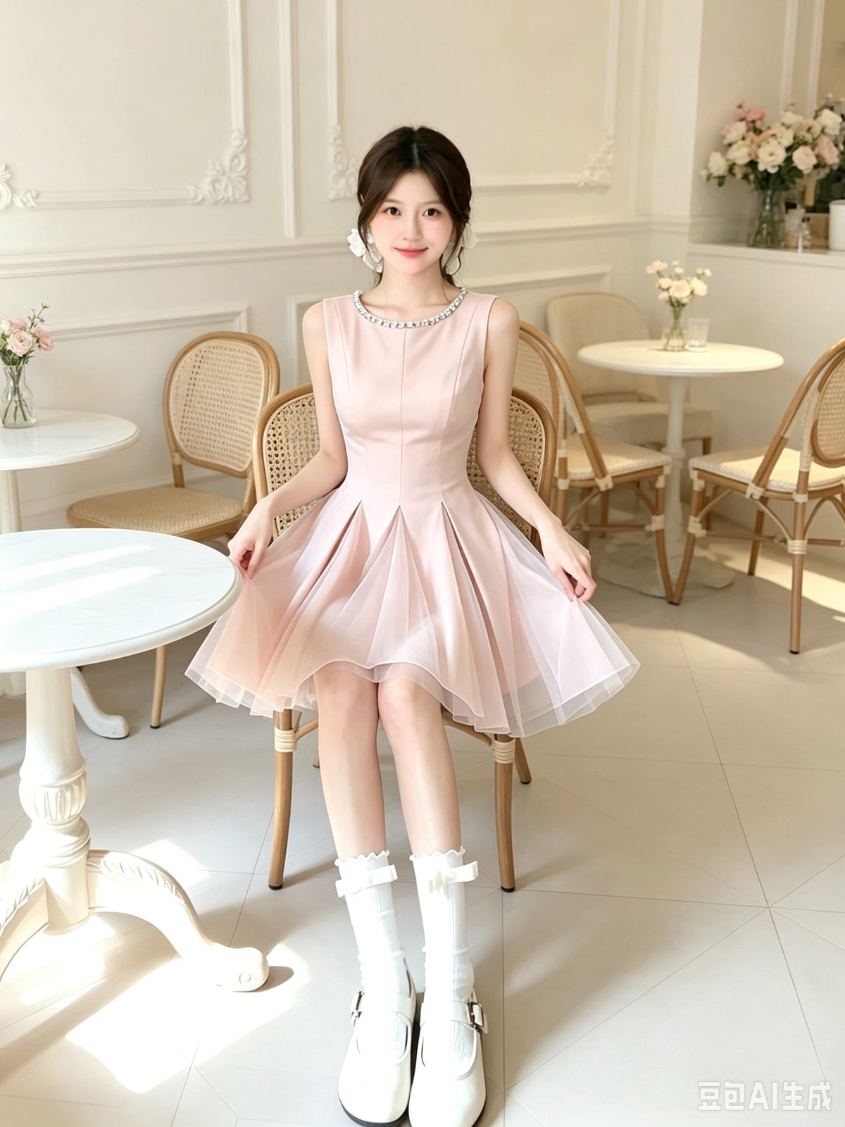 💕法式輕奢鑲鑽圓領無袖白杏澎澎紗裙連衣裙