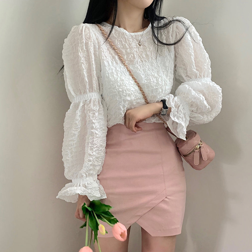 💕溫柔chic韓系泡泡皺褶圓領燈籠袖襯衫