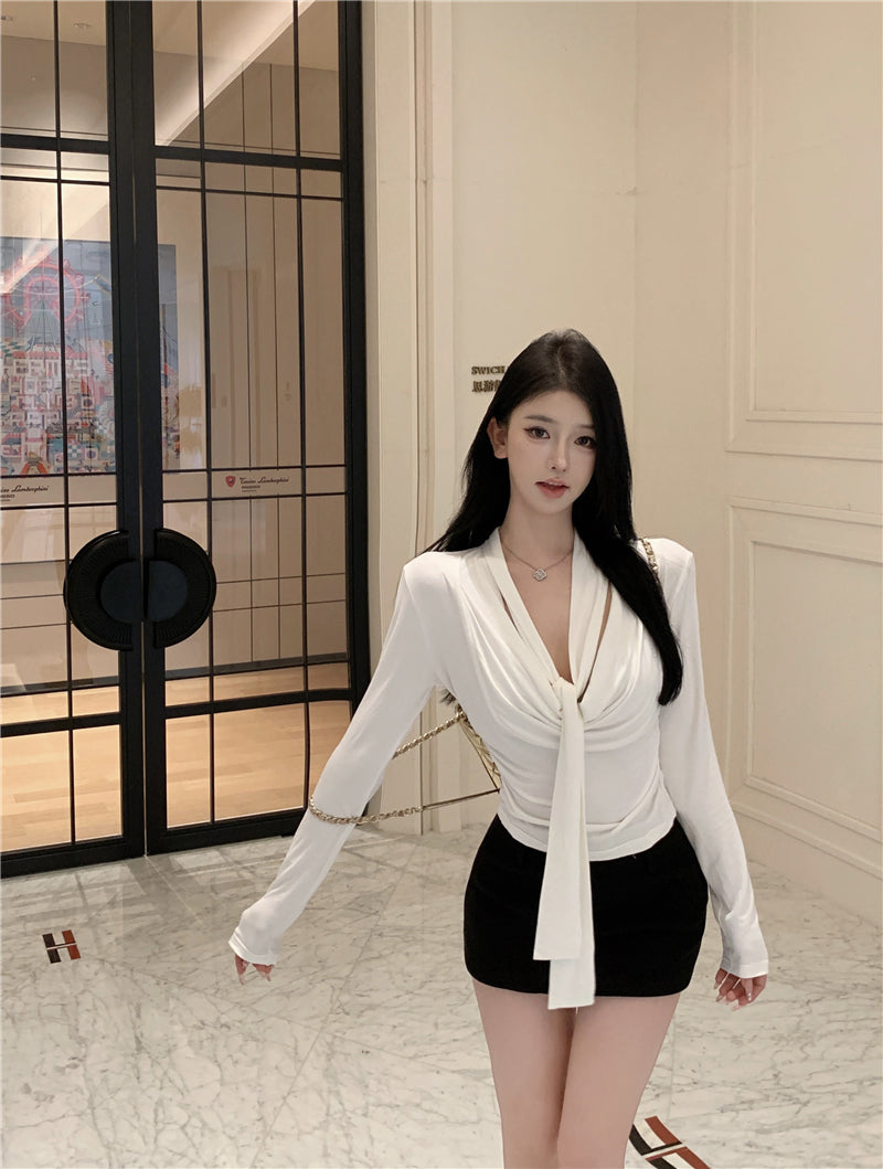 💕韓系設計感褶皺盪領飄帶長袖打底衣