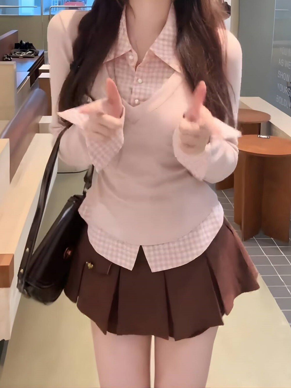 💕秋季修身甜美假兩件襯衫上衣+半身裙套裝