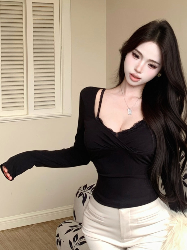 💕辣妹蕾絲拼接假兩件長袖上衣