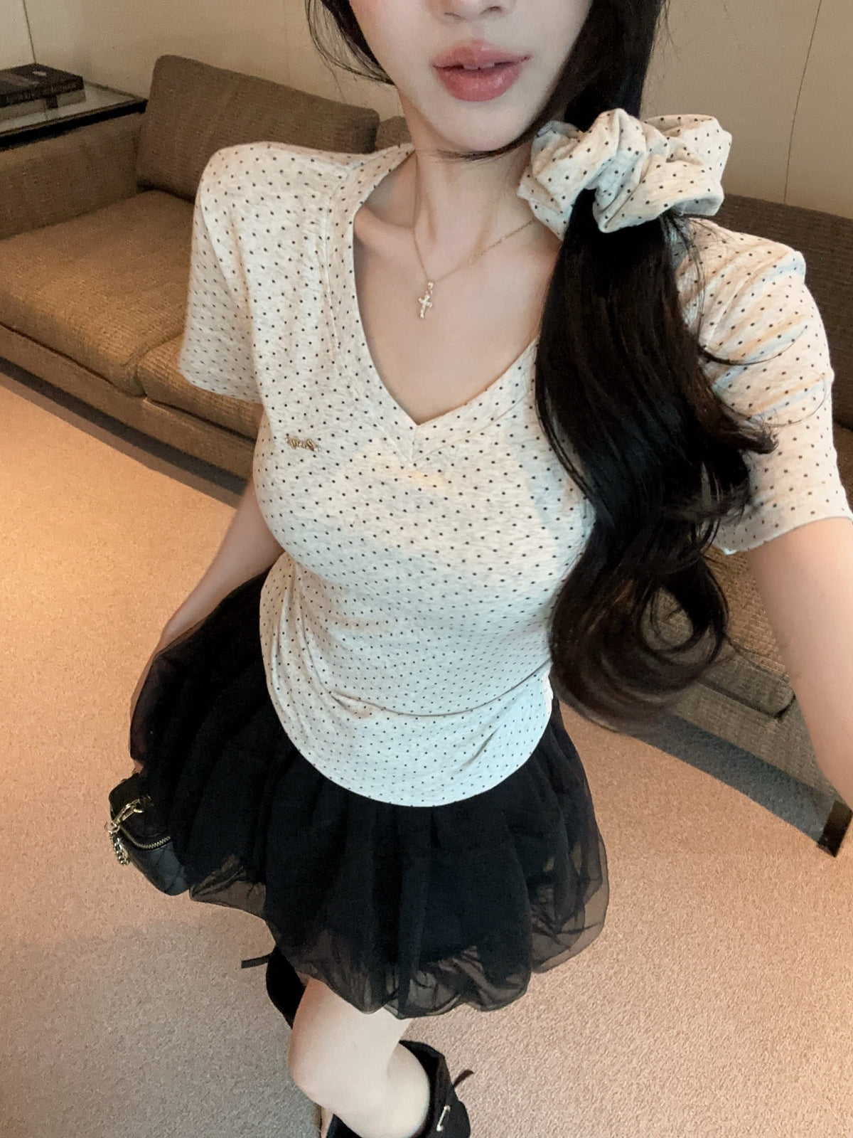 💕氣質星星點點V領短袖上衣