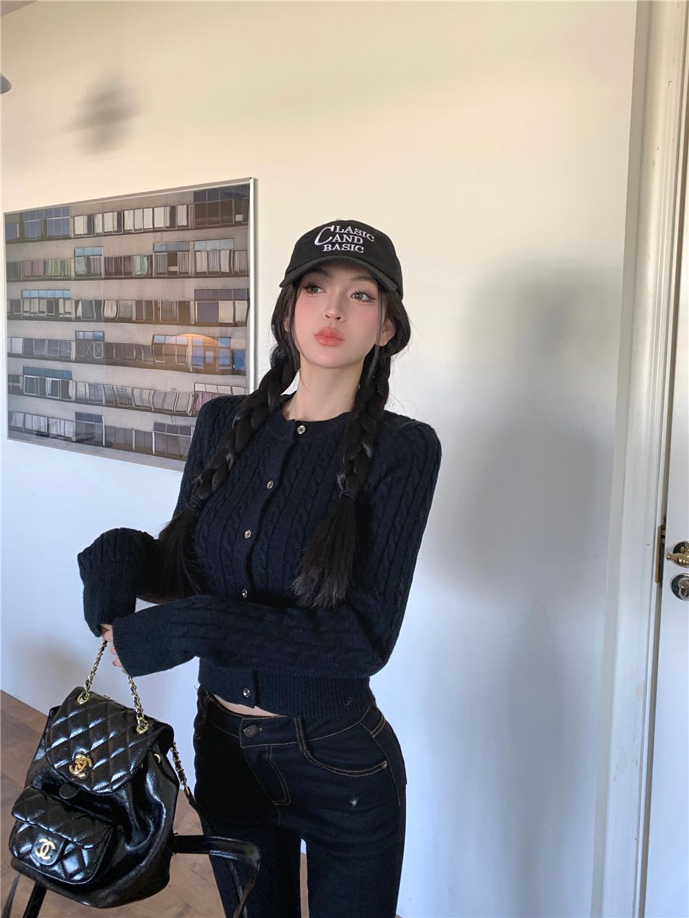💕簡約休閒黑色短款麻花針織長袖上衣