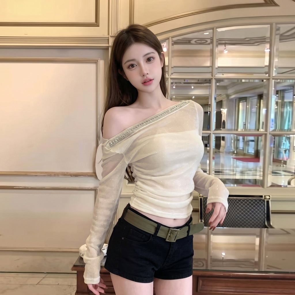 💕純御性感一字肩微透細閃褶皺氛圍感上衣