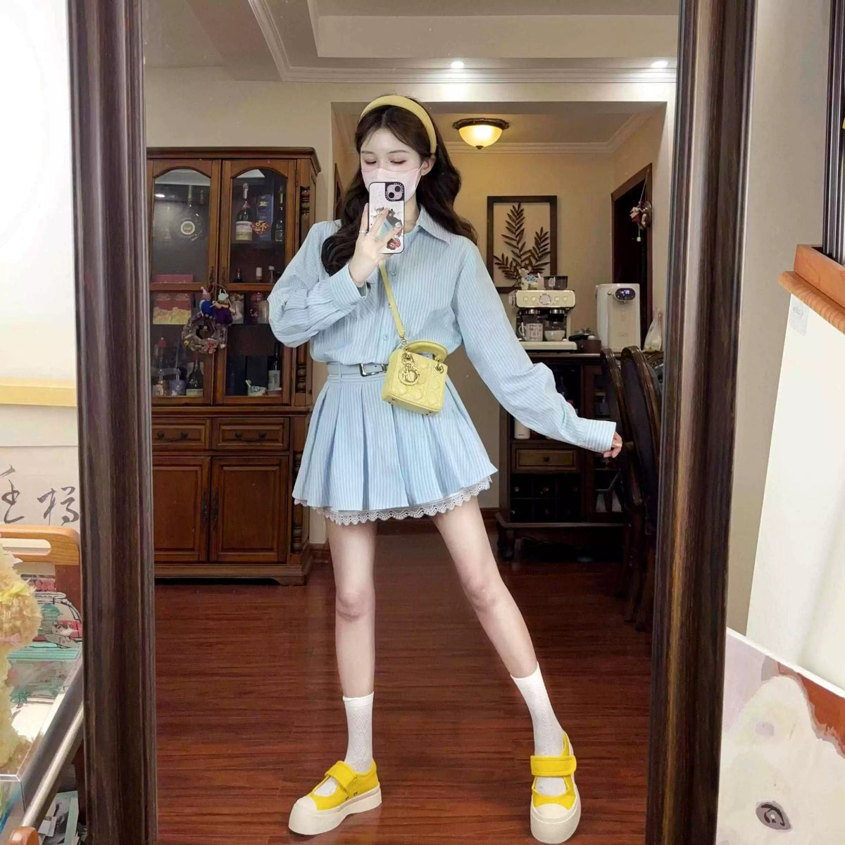 💕春夏小個子收腰有腰帶條紋襯衫連身裙