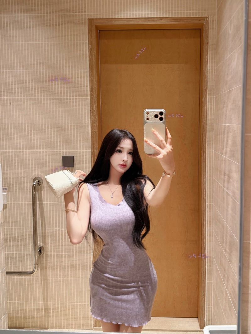 💕簡約百搭圓領吊帶收腰包臀連身裙+開衫