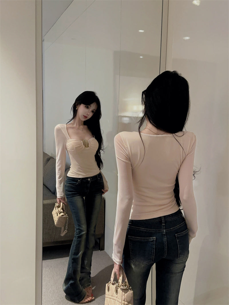 💕秋季性感純欲紗網金扣顯瘦上衣