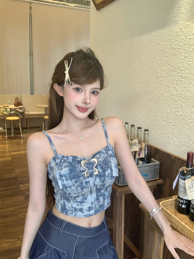💕時尚辣妹性感牛仔藍扎染吊帶背心