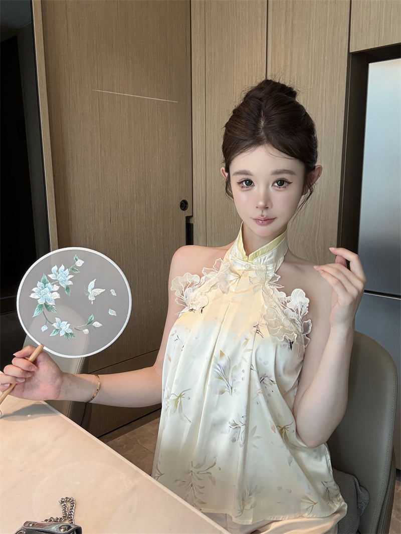 💕新中式千金立體花辮掛脖背心上衣