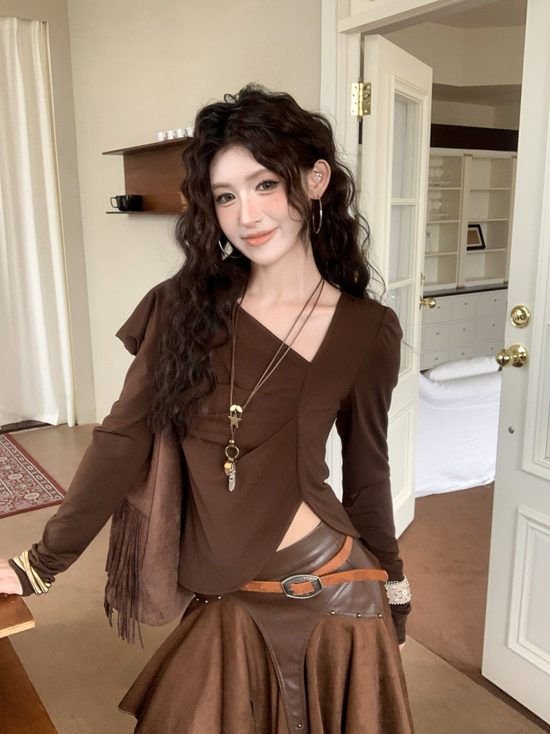 💕chic復古不規則斜領長袖短款不對襯上衣