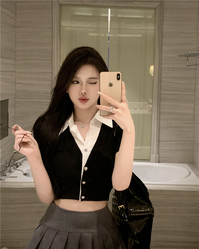 💕韓系氣質假兩件翻領修身短款針織衫