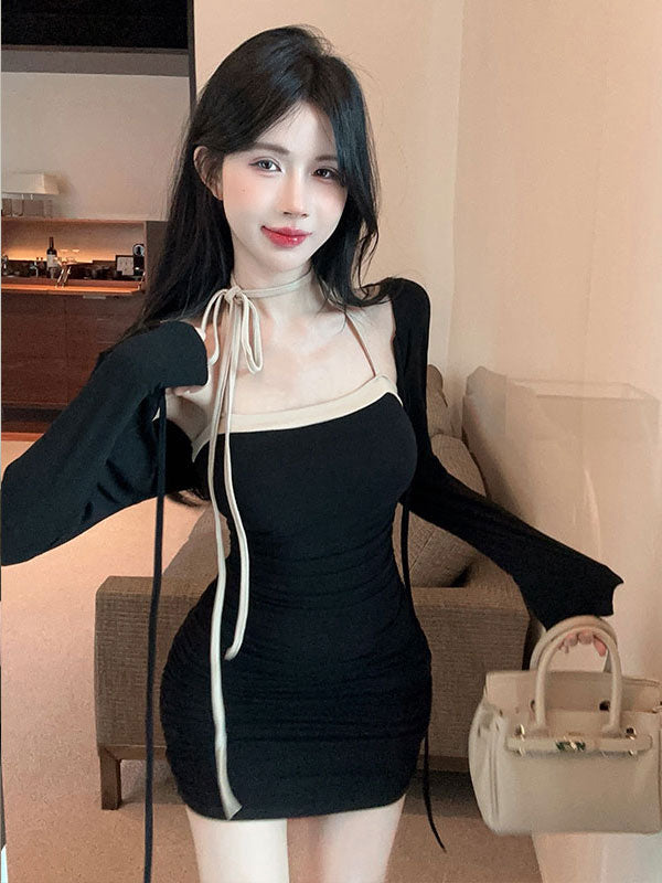 💕拚色系繩多種穿法包臀連身短裙+長袖短款罩衫兩件套