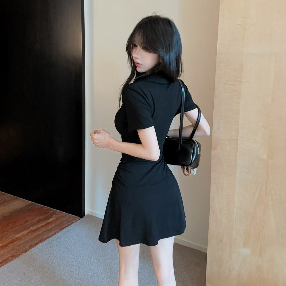 💕顯瘦百搭翻領收腰黑色翻領短袖大擺連衣裙