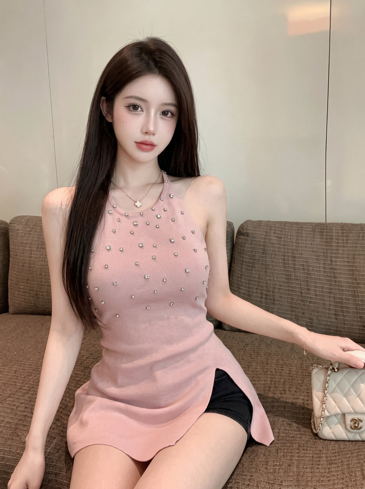 💕法式氣質重工鑲鑽掛脖針織無袖開衩收腰上衣