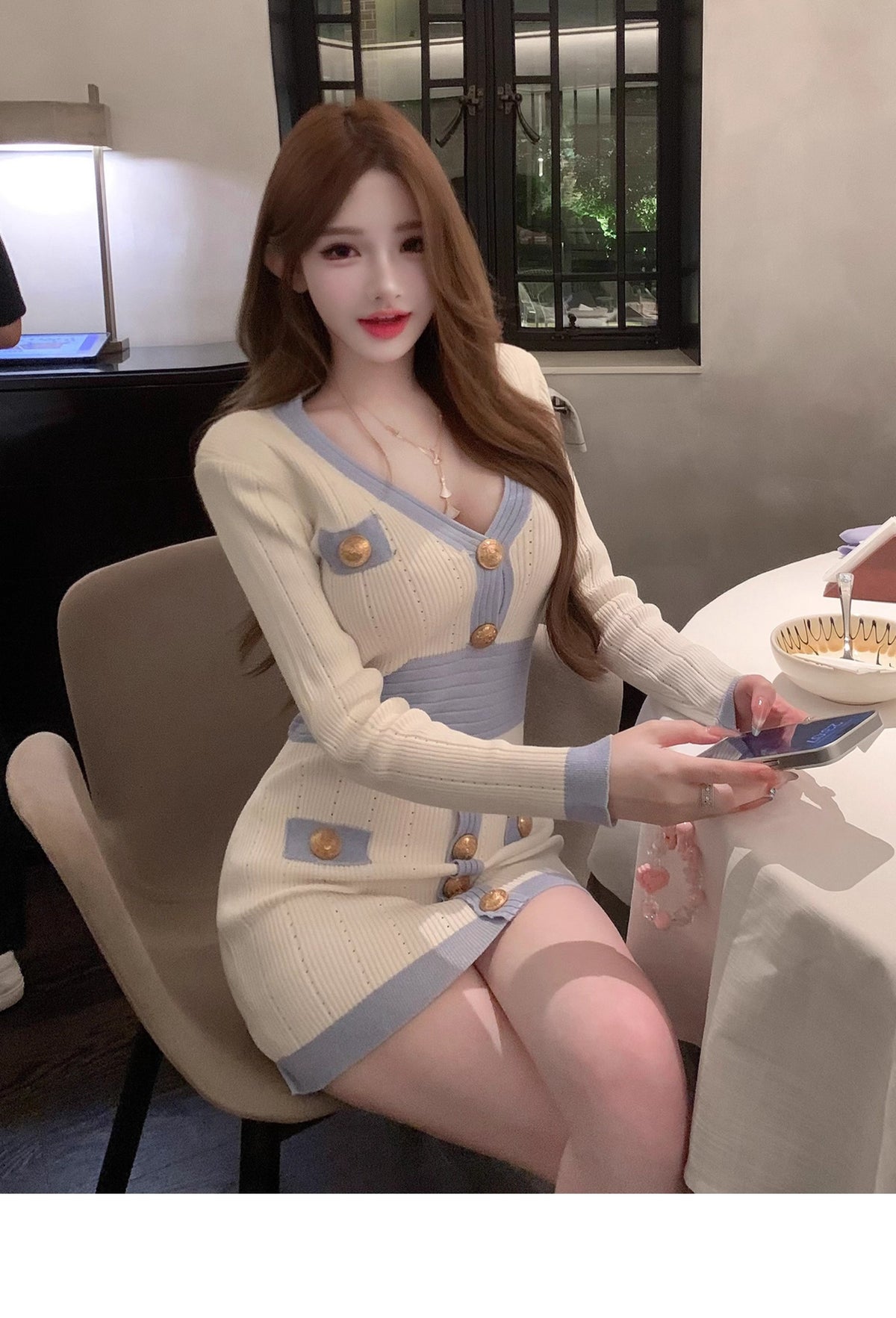💕韓系針織千金小個子OL風連衣包臀裙
