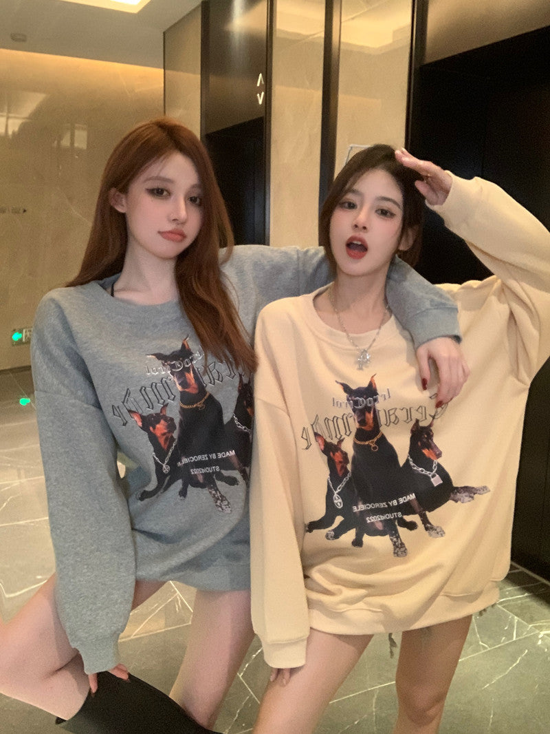 💕美式帥氣杜賓犬印花寬鬆中長衛衣