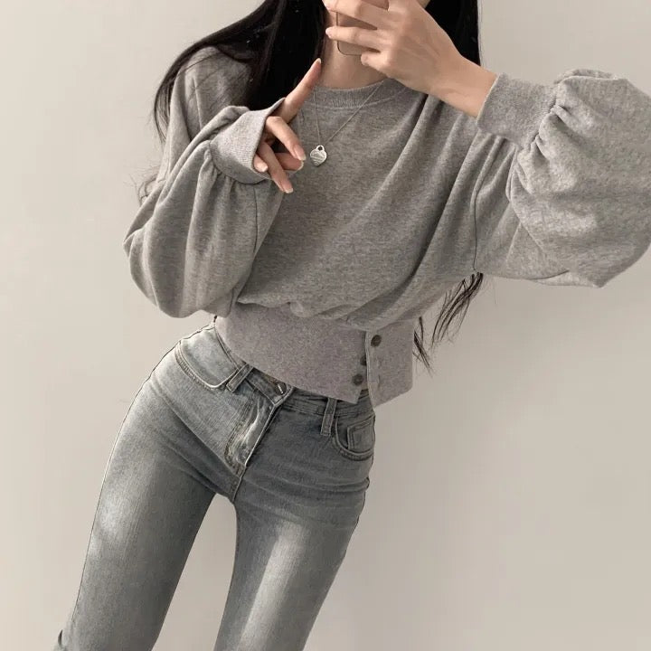 💕氣質簡約百搭三顆扣圓領長袖T袖