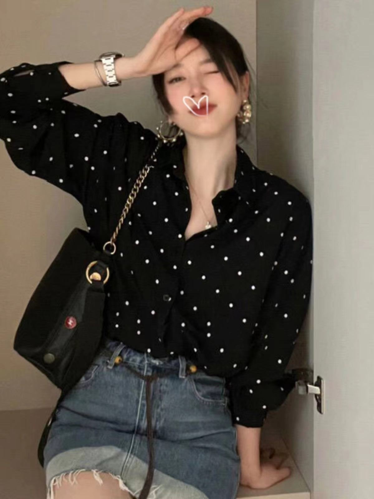 💕法式chic復古翻領撞色點點寬鬆襯衫