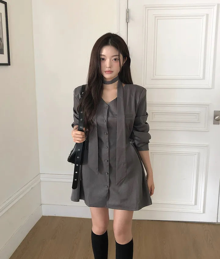 💕ins系V領圍脖系帶收腰單排扣西裝連衣裙