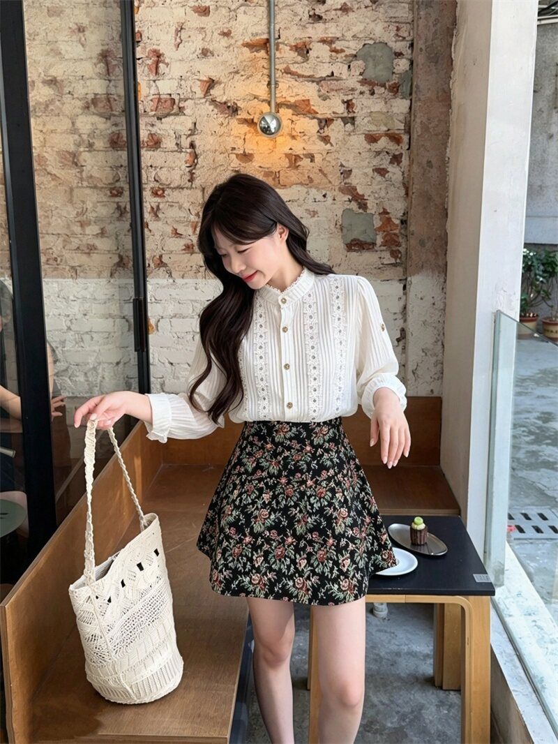 💕法式泡泡袖襯衫碎花半身裙小個子兩件套