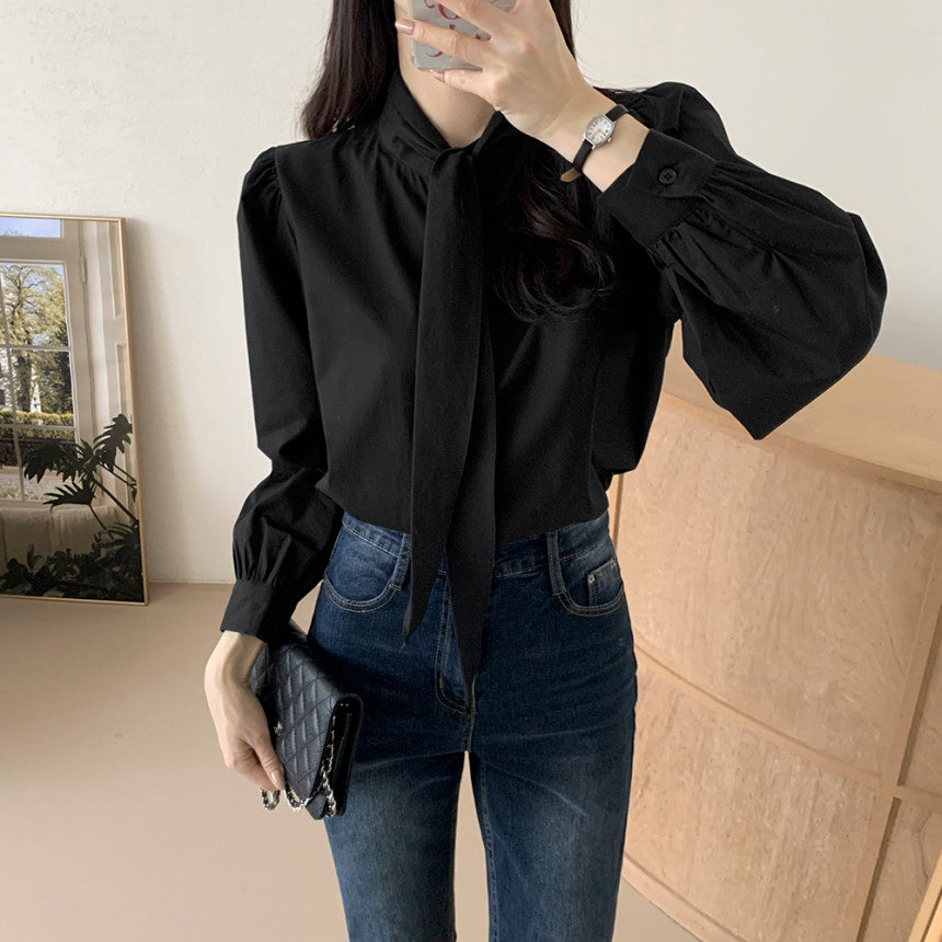 💕韓系chic法式飄帶領結襯衫