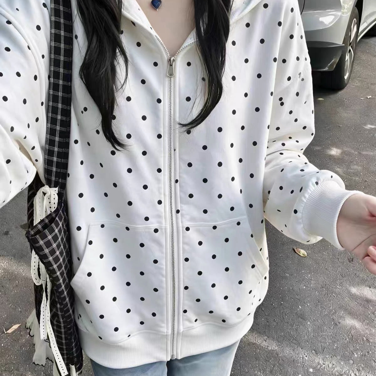 💕時尚簡約韓系點點白色連帽拉鍊外套