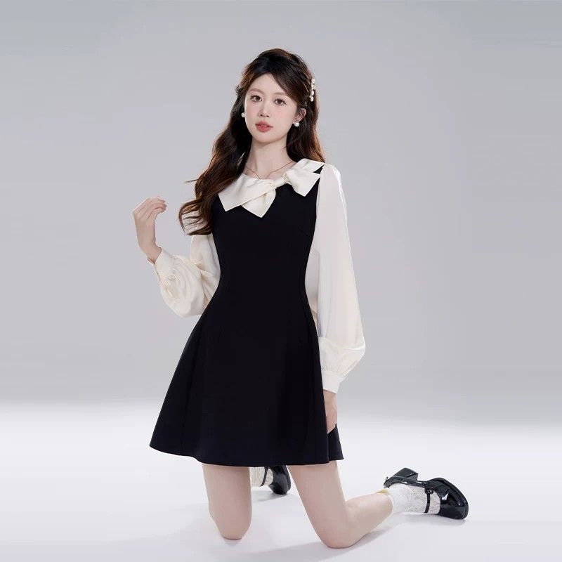 💕韓系富家千金赫本風假兩件黑色連衣裙