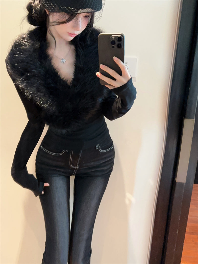 💕純欲辣妹毛領拼接V領長袖修身上衣