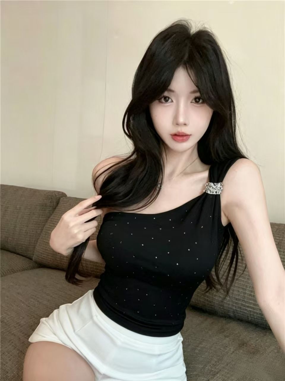 💕chic韓系性感斜肩燙鑽抹胸背心無袖上衣