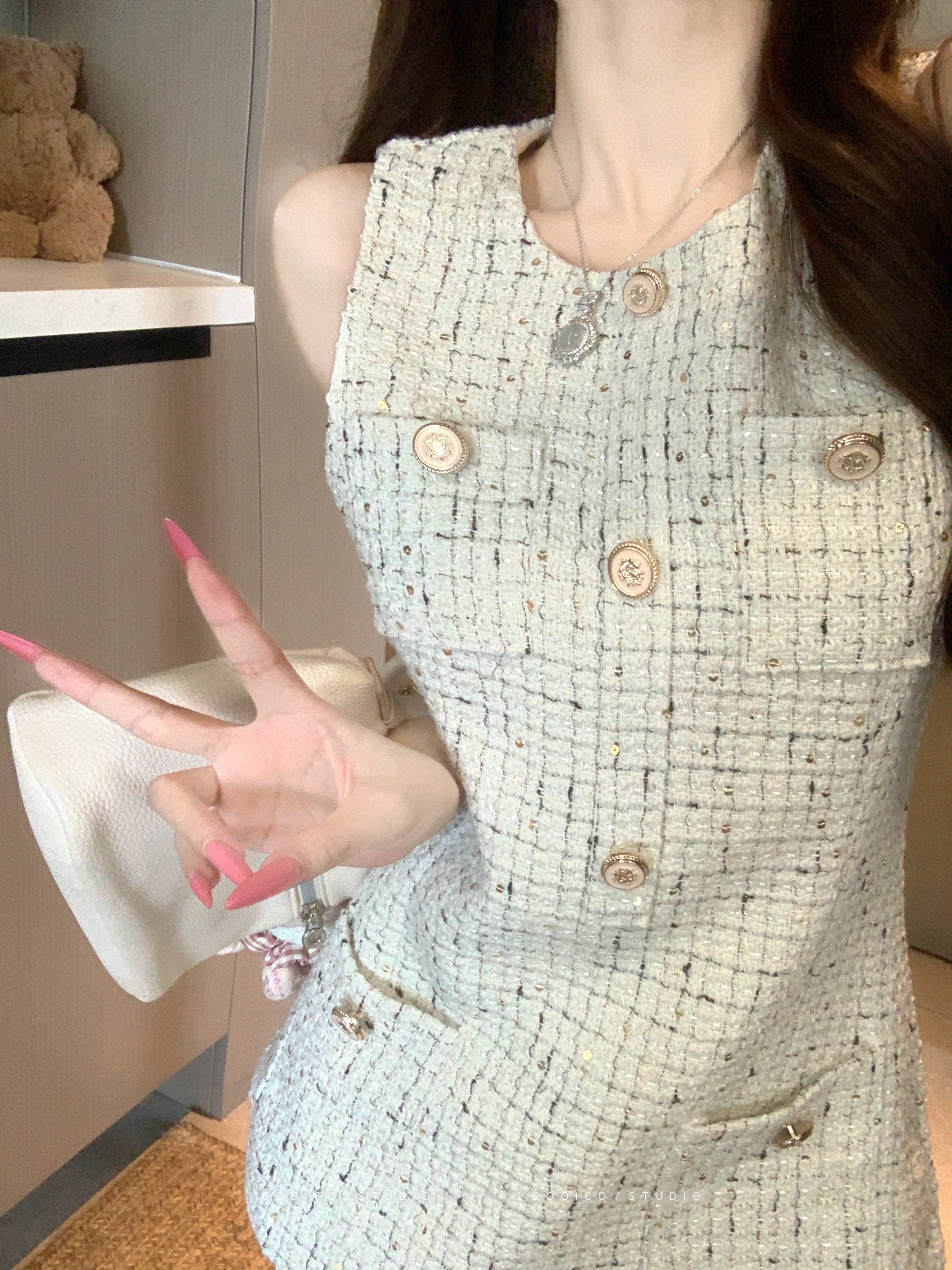 💕名媛小香千金風收腰無袖上衣短褲兩件套