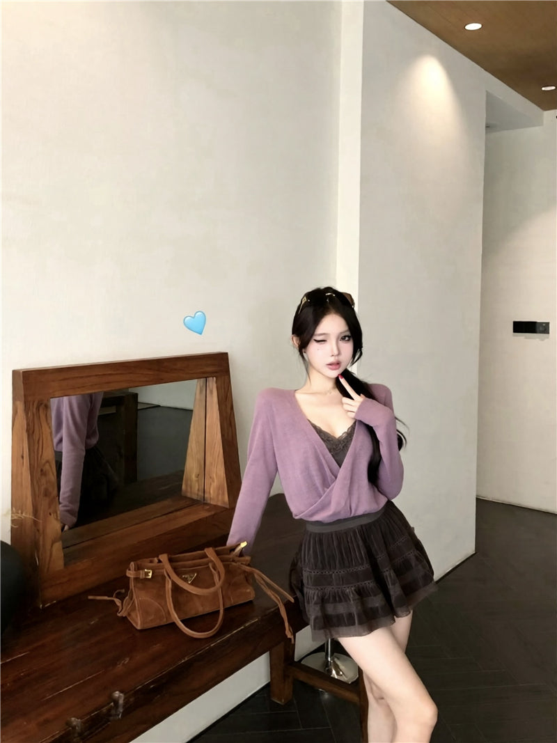 💕甜美純欲交叉設計感開衫內搭吊帶三件套