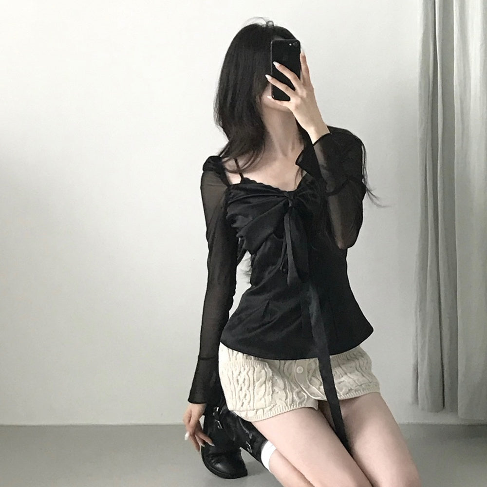 💕法式方領蝴蝶結飄帶氣質收腰顯瘦上衣