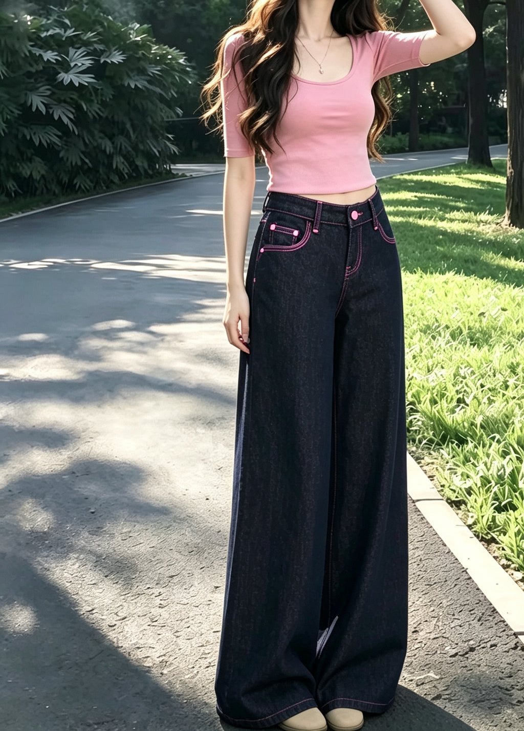 💕氣質設計感粉色線復古闊腿牛仔直口褲