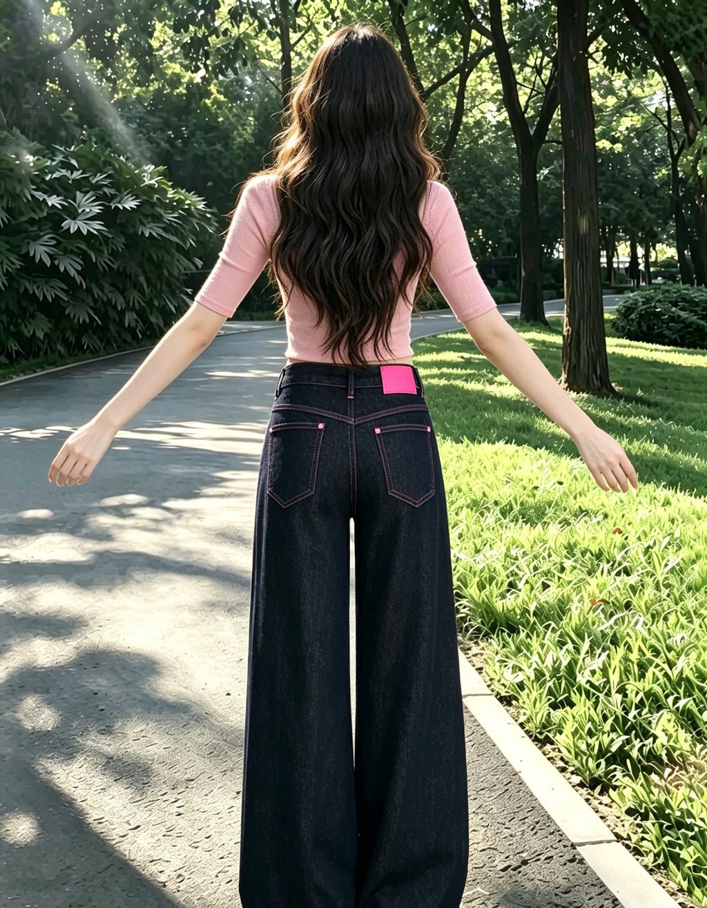 💕氣質設計感粉色線復古闊腿牛仔直口褲