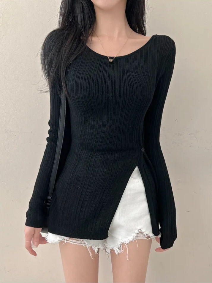 💕韓系春秋顯瘦設計感收腰開衩長袖上衣
