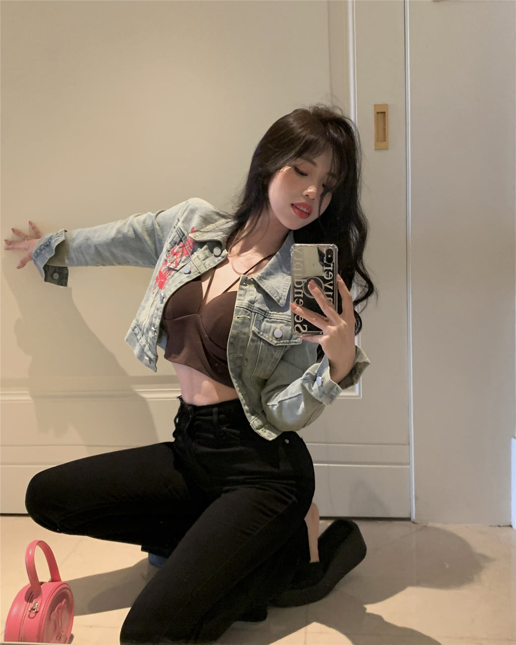 💕美式甜酷塗鴉字母印花短款夾克牛仔外套