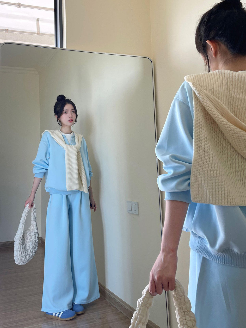💕高級感毛織披肩霧霾藍休閒兩件套