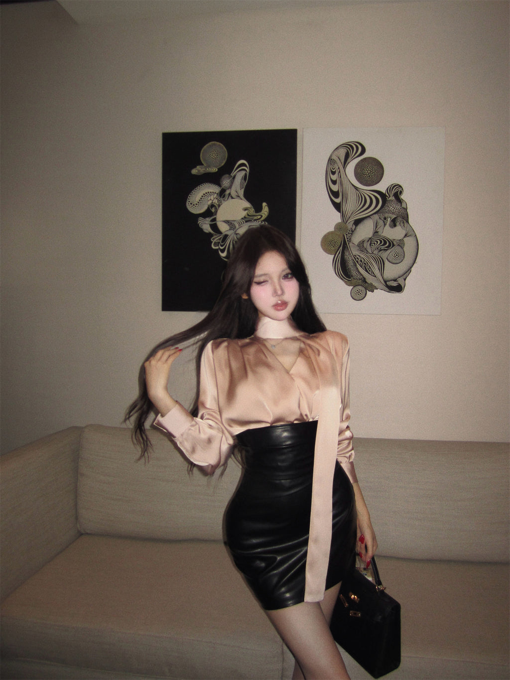 💕春秋酷感緞面襯衫皮短裙兩件套