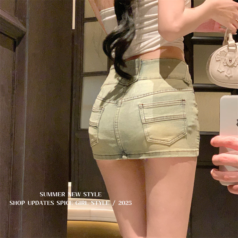 💕不規則緊身彈力刷舊牛仔短裙