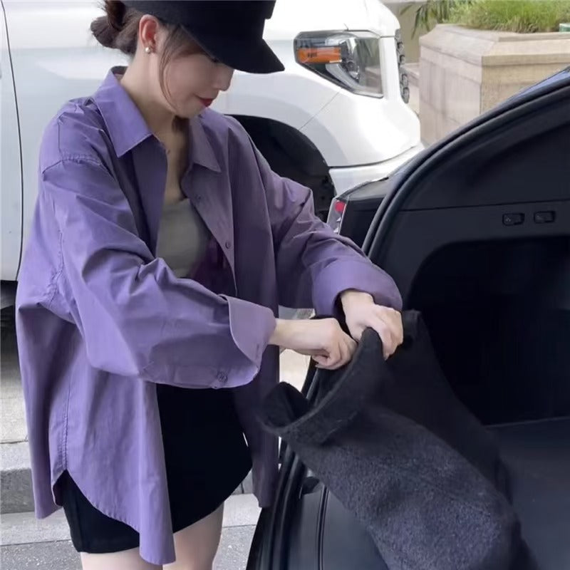 💕高級感溫柔韓系chic紫色襯衫外搭上衣