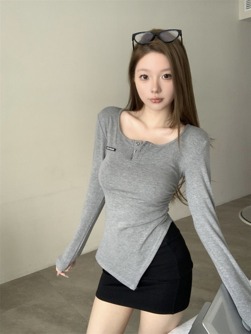 💕美式辣妹V領不規則顯瘦開衩上衣