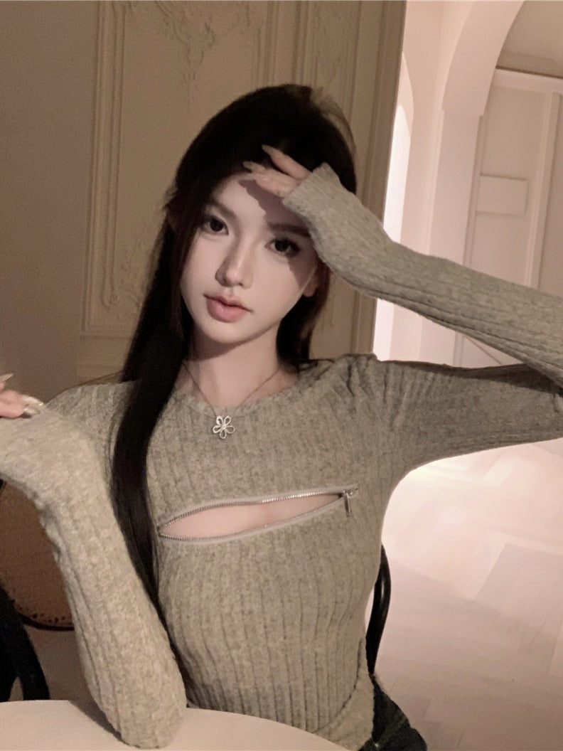 💕氣質柔軟可拉拉鍊圓領針織長袖打底衫