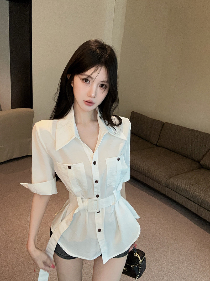 💕港風時尚polo領多口袋七分袖襯衫+腰帶