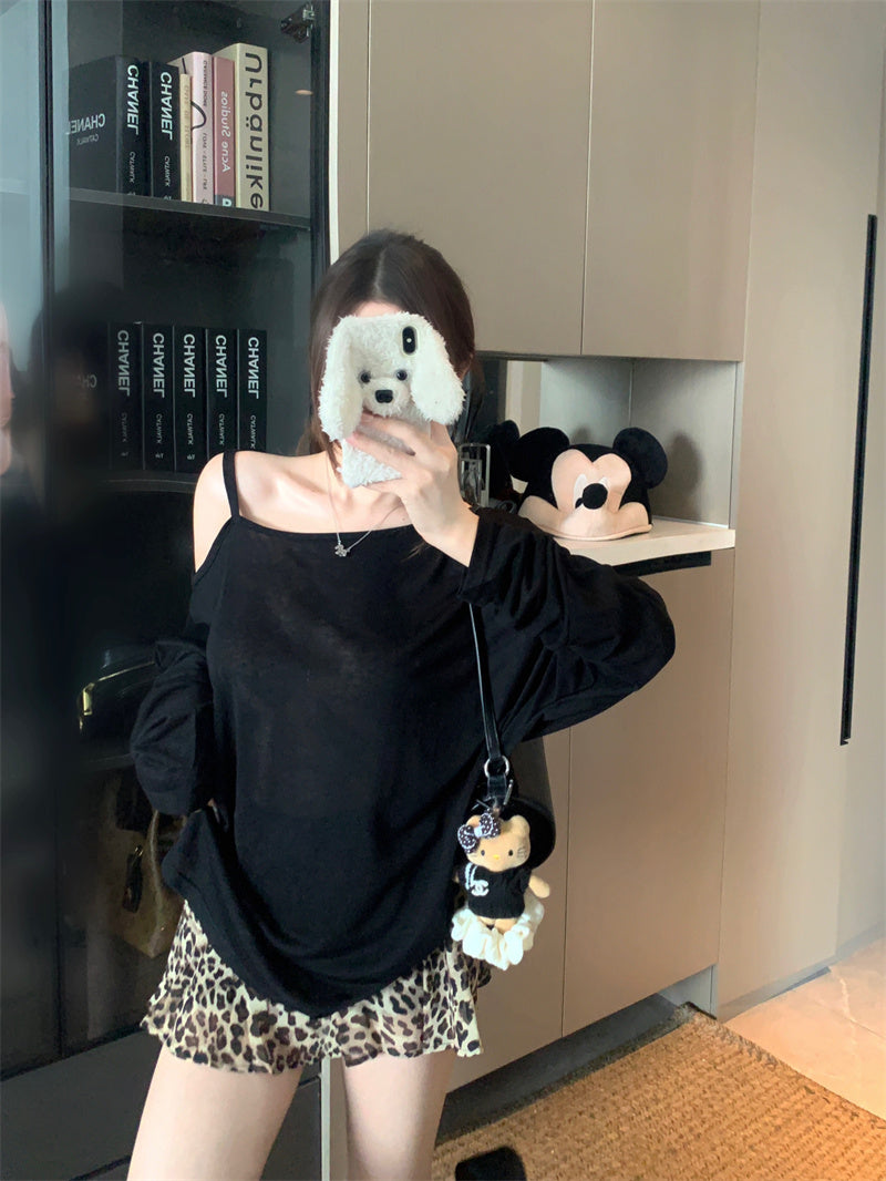 💕純色斜肩領露肩長袖豹紋半身裙兩件套