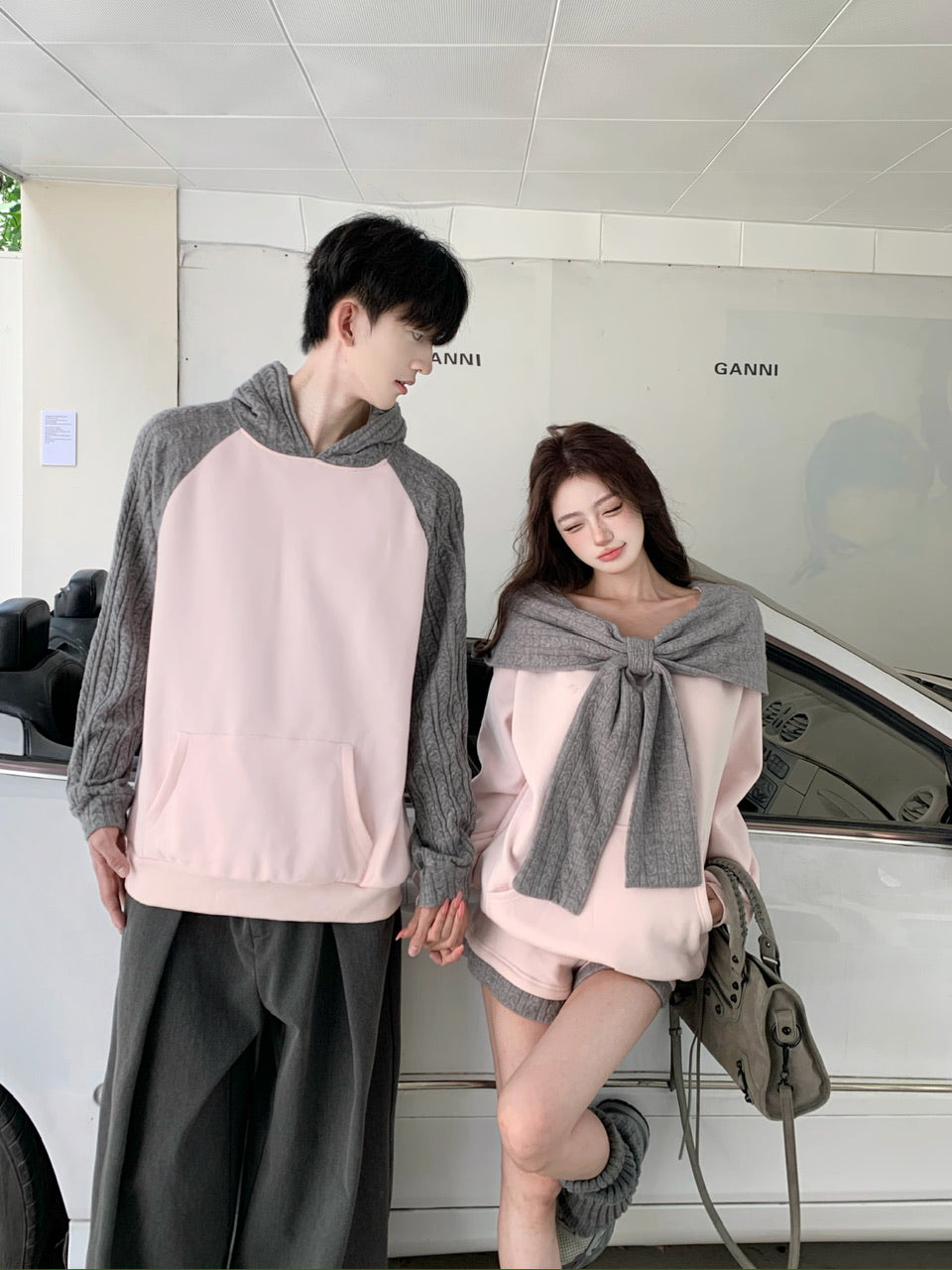 💕清透撞色一字肩連帽寬鬆休閒情侶套裝