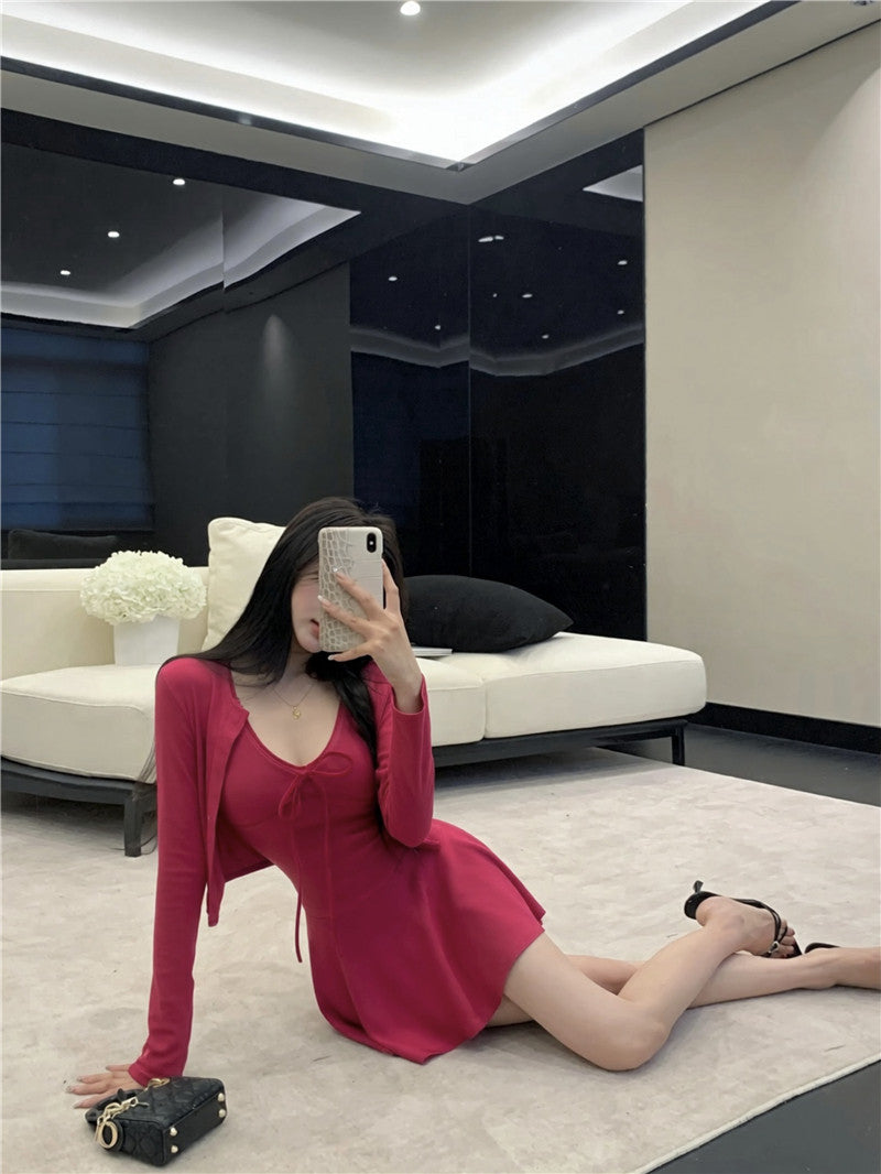 💕休閒氣質純色開衫收腰吊帶連衣裙兩件套