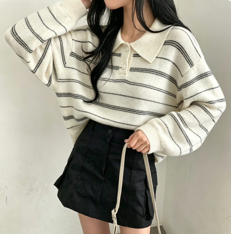 💕復古鬆弛感顯瘦條紋polo衫