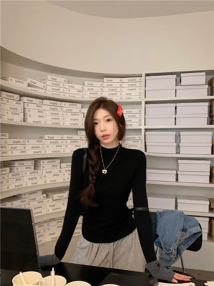 💕通勤百搭撞色長袖針織修身打底上衣