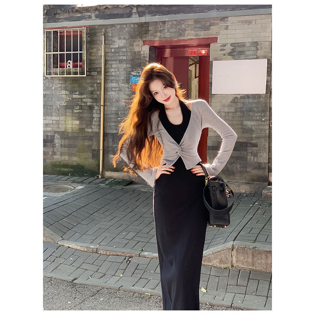 💕休閒氣質百搭扭結假兩件掛脖修身顯瘦連衣裙