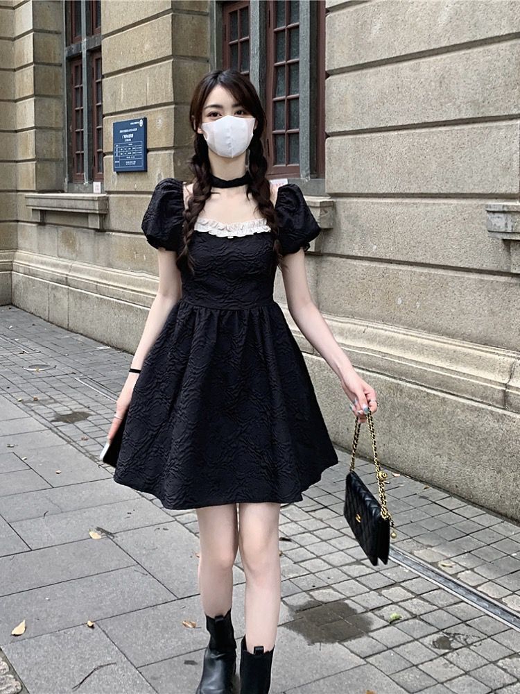 💕方領法式花邊露背蝴蝶結小個子澎澎短裙